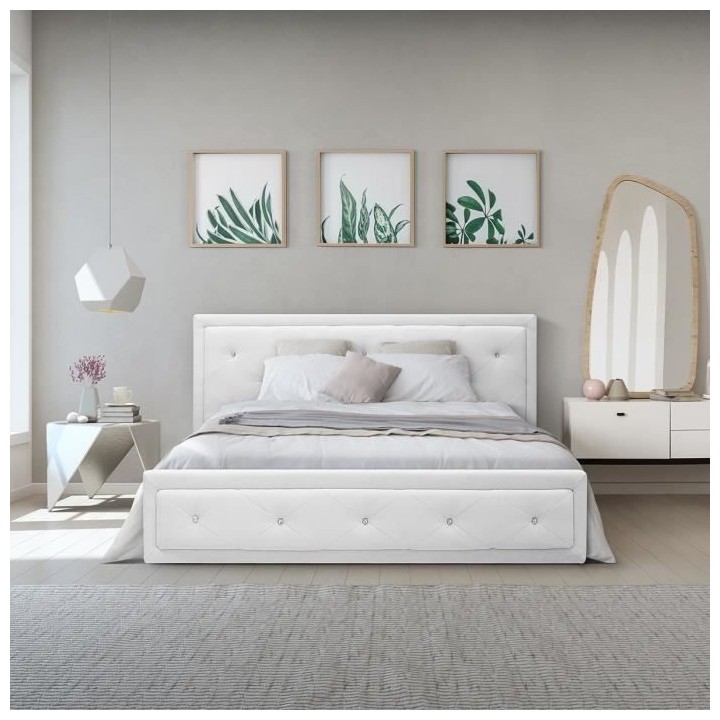 VIRGINIA Lit coffre adulte capitonné avec strass 160x200 cm - Simili