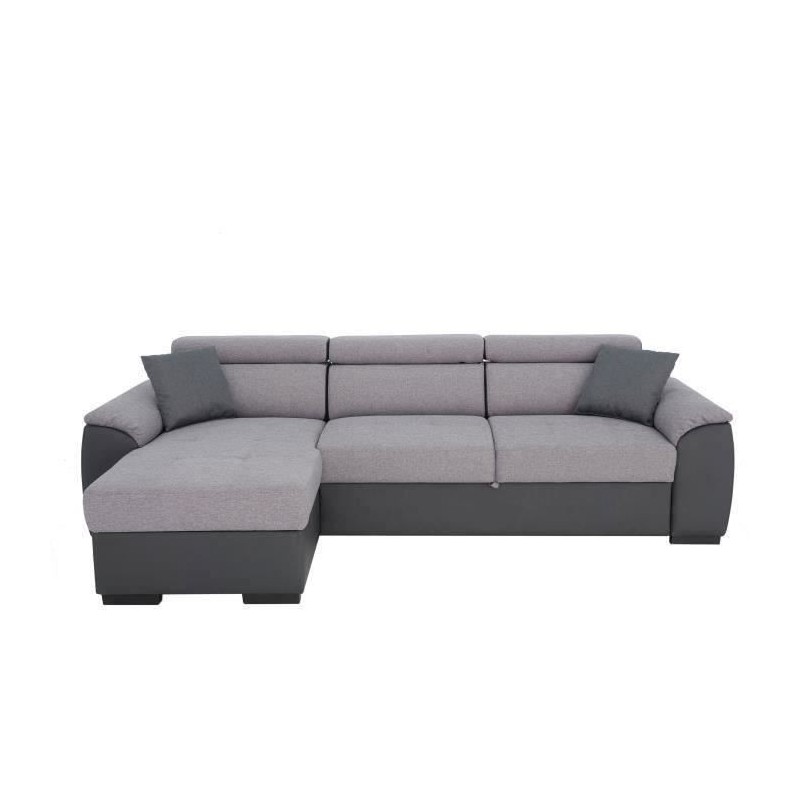 Canapé d'angle convertible réversible KYLIAN - Tétieres + coffre de rangement - Simili et tissu Gris - L 255 x P 158 x H 88 c