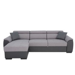 Canapé d'angle convertible réversible KYLIAN - Tétieres + coffre de rangement - Simili et tissu Gris - L 255 x P 158 x H 88 c