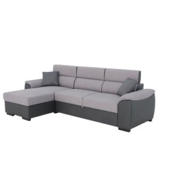 Canapé d'angle convertible réversible KYLIAN - Tétieres + coffre de rangement - Simili et tissu Gris - L 255 x P 158 x H 88 c