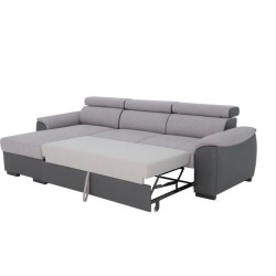 Canapé d'angle convertible réversible KYLIAN - Tétieres + coffre de rangement - Simili et tissu Gris - L 255 x P 158 x H 88 c