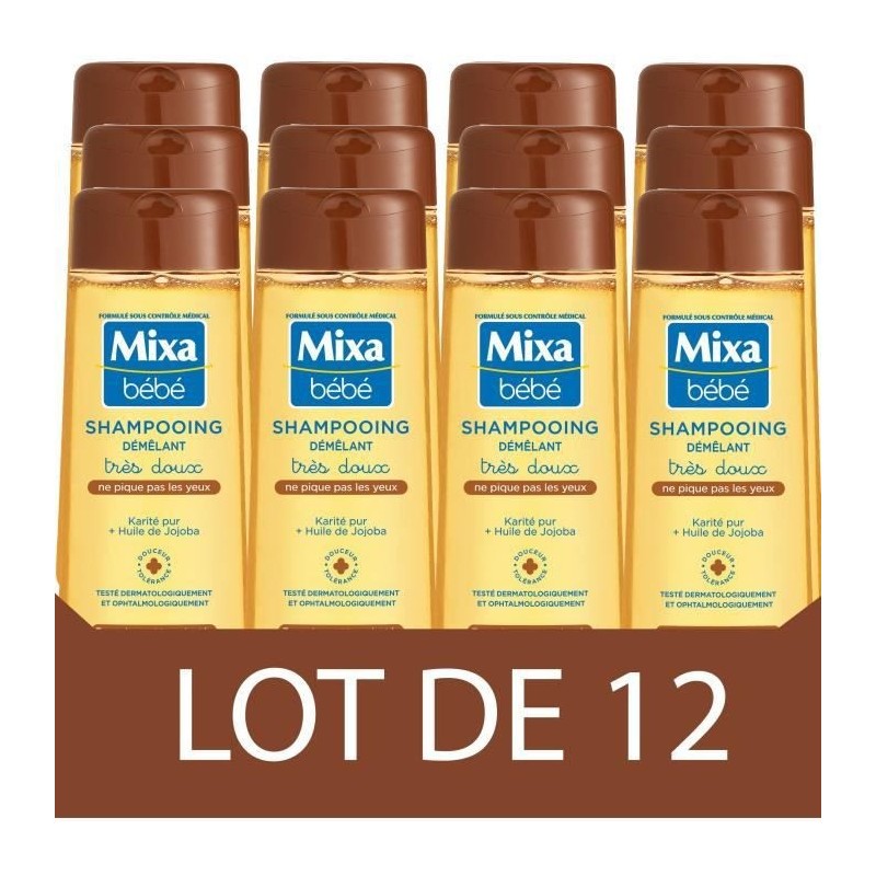 [Lot de 12] Shampoing Mixa Bébé Cheveux secs Démélant Karité pur et huile de jojoba 250ml