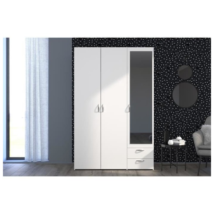 Armoire 3 portes battantes avec miroir + 2 tiroirs - Panneaux de parti