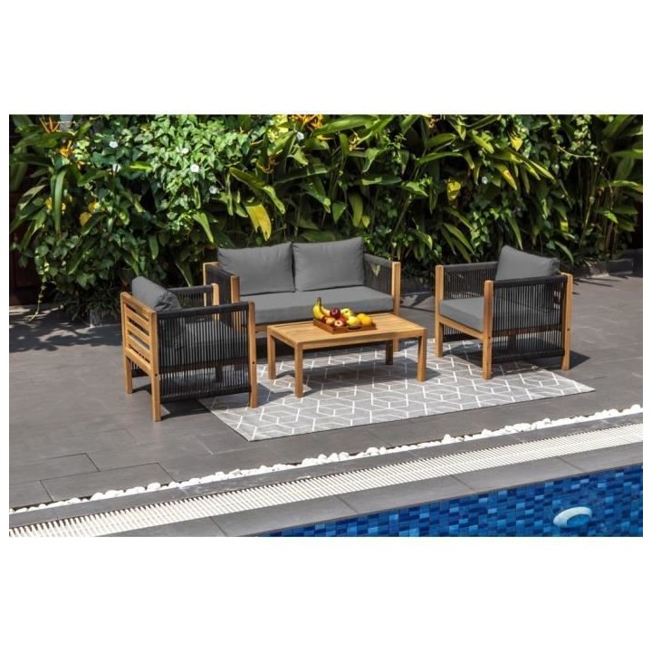 Salon de jardin en bois d'acacia FSC et tissage en corde 4 personnes B