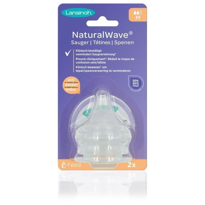 LANSINOH 2 Tétines Natural Wave pour biberon lait maternel débit Moy