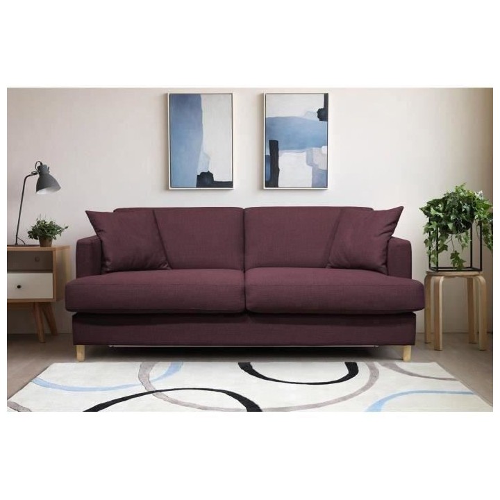 Hexagone - Canapé convertible 3 places - Tissu Lie de vin - Couchage