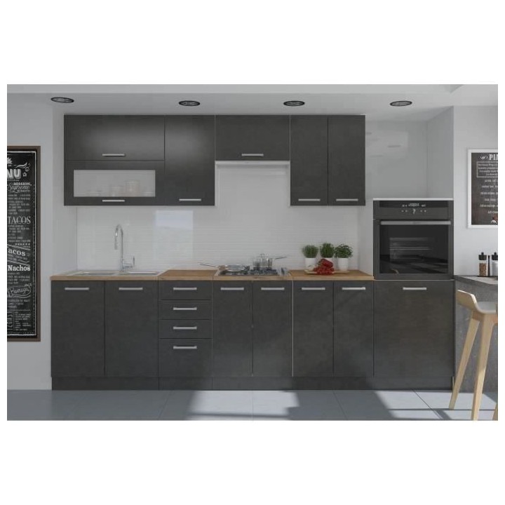 LASSEN Cuisine complete L 300 cm avec demi colonne four et hotte - Gri