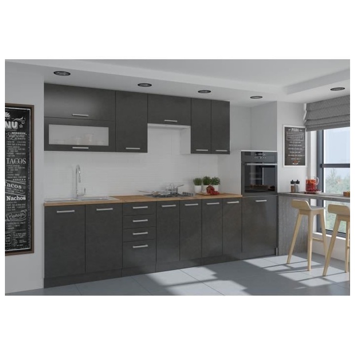 LASSEN Cuisine complete L 300 cm avec demi colonne four et hotte - Gri