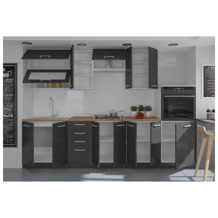 LASSEN Cuisine complete L 300 cm avec demi colonne four et hotte - Gri