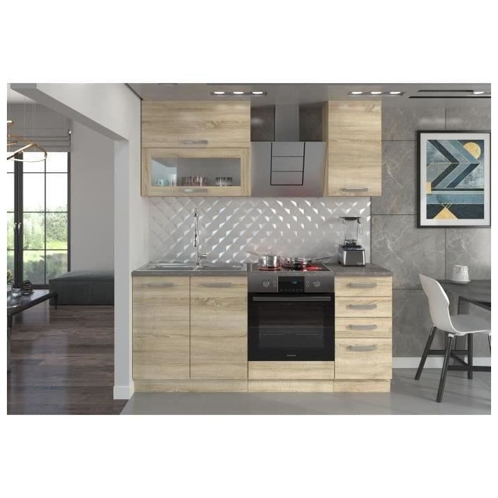 Cuisine complete L 180 cm avec plan de travail - Décor chene sonoma -