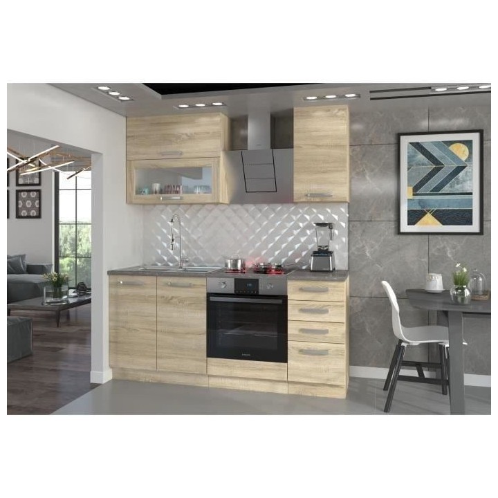 Cuisine complete L 180 cm avec plan de travail - Décor chene sonoma -