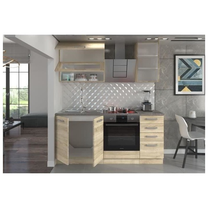 Cuisine complete L 180 cm avec plan de travail - Décor chene sonoma -