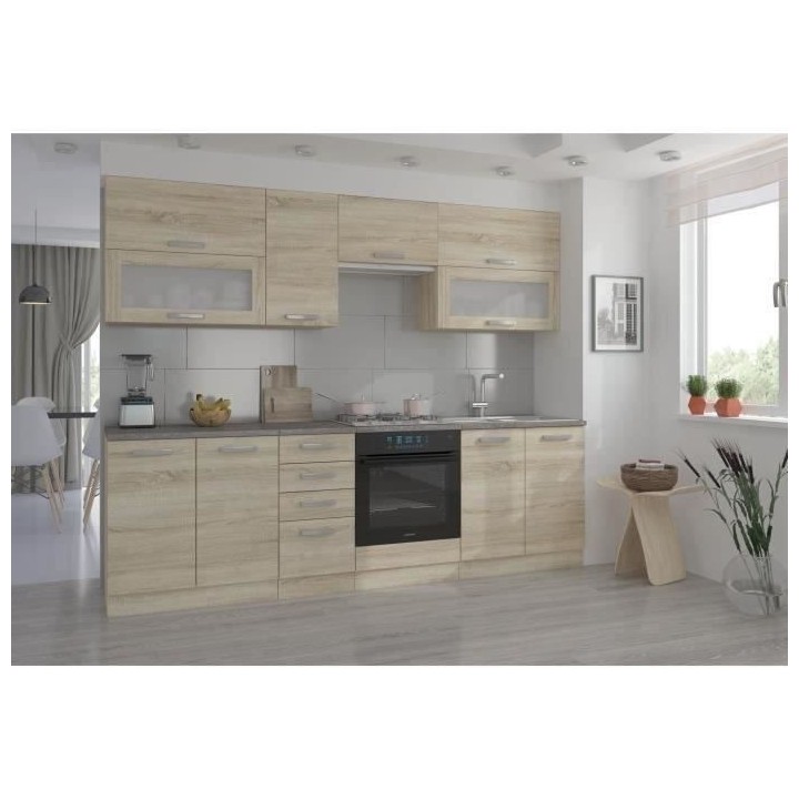 LASSEN Cuisine complete L 260 cm - Décor chene clair sonoma