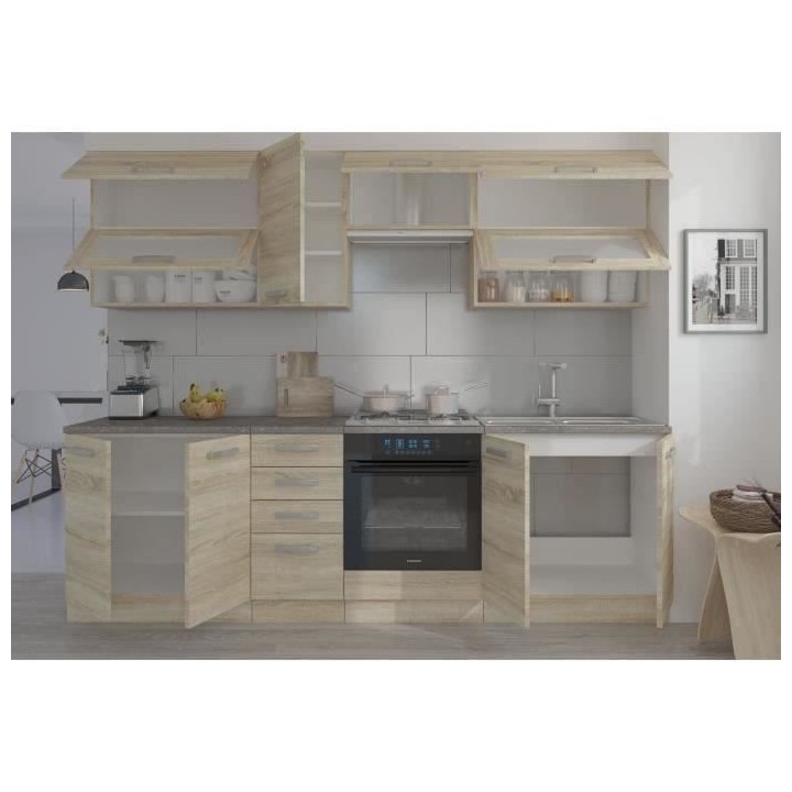 LASSEN Cuisine complete L 260 cm - Décor chene clair sonoma