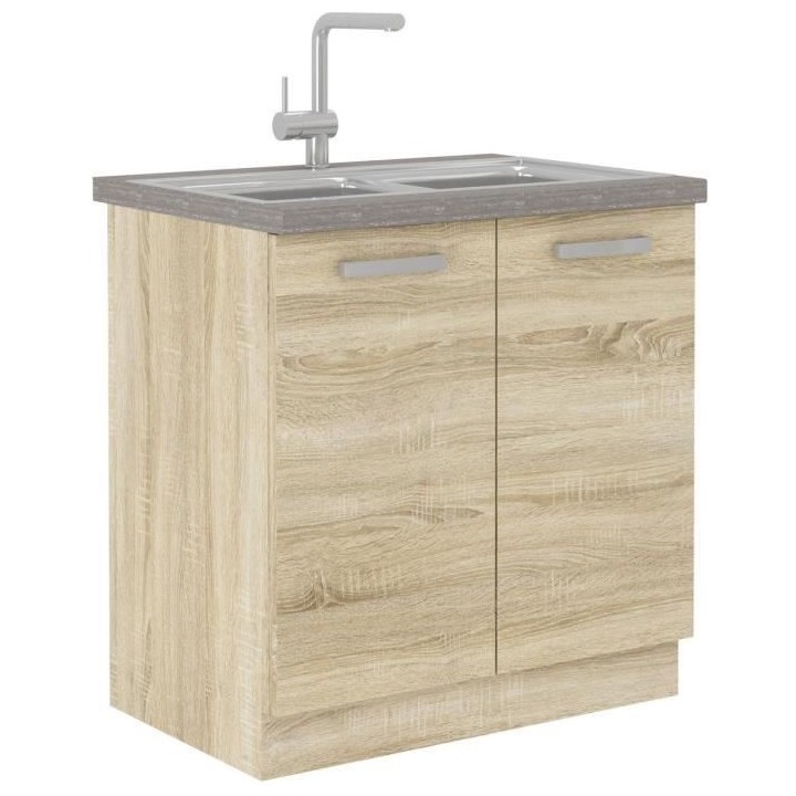 LASSEN Meuble bas de cuisine sous évier L 80 cm - Décor chene clair