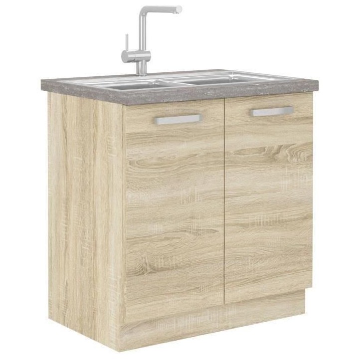 Meuble bas sous-évier 2 portes battantes - Décor chene sonoma - L 80