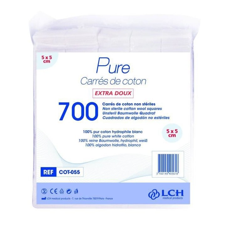 Lot de 7000 carrés de coton 5 x 5 cm - 10 x 7 sachets de 100