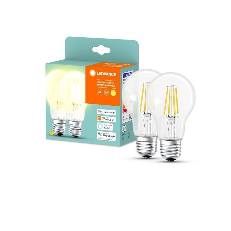 LEDVANCE Lot de 2 Ampoules LED connectées SMART+ Bluetooth filament classic 6W 60W E27