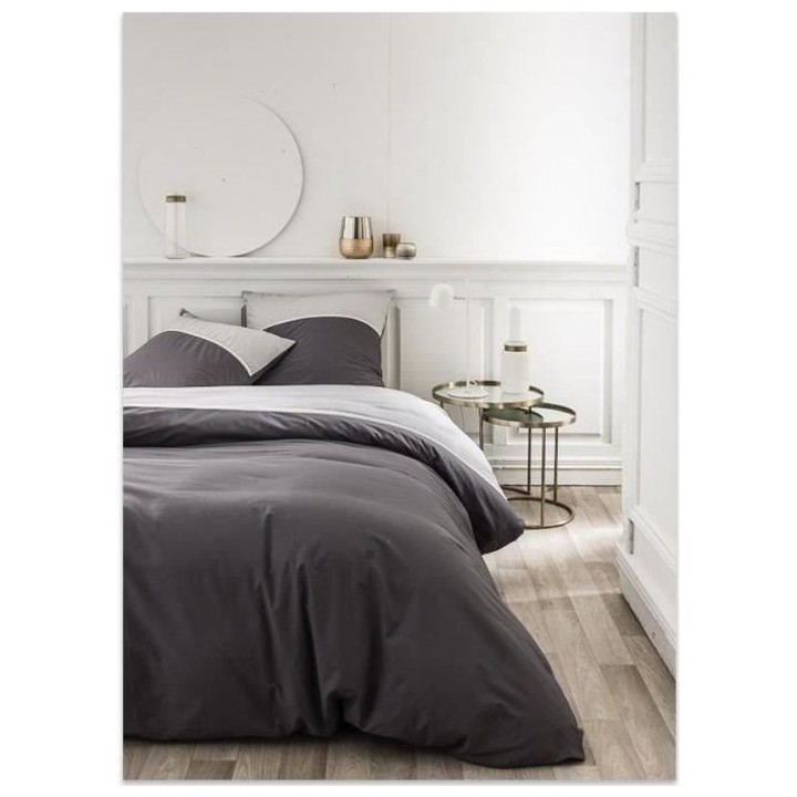 TODAY Parure de lit 220X240 2 personnes Percale bicolore gris PREMIUM