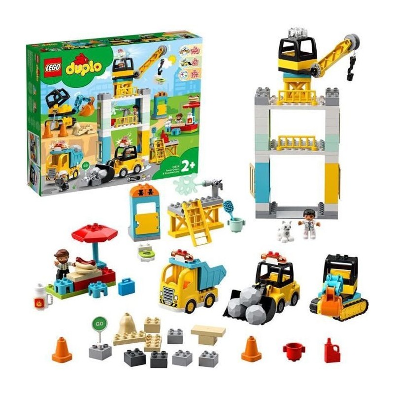 LEGO 10933 DUPLO La Grue Et Les Engins De Construction, Pelleteuse, Camion avec Lumiere & Son, Jouet Pour Enfants de 2-5 ans