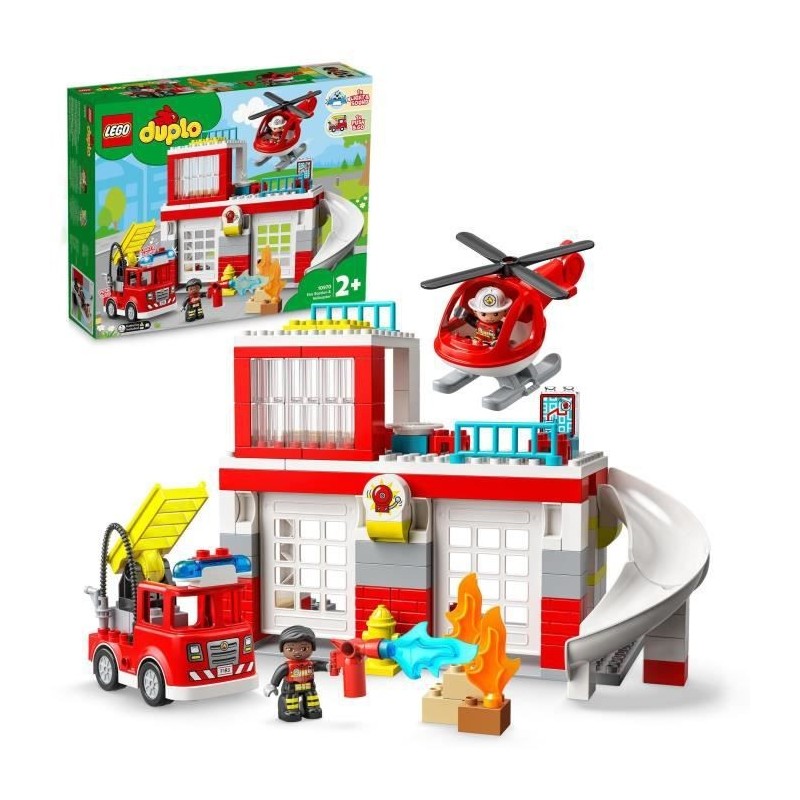 LEGO 10970 DUPLO La Caserne Et L'Hélicoptere Des Pompiers, Avec Jouet Camion Push & Go Pour les Enfants de 2 Ans et Plus