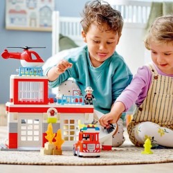 LEGO 10970 DUPLO La Caserne Et L'Hélicoptere Des Pompiers, Avec Jouet Camion Push & Go Pour les Enfants de 2 Ans et Plus