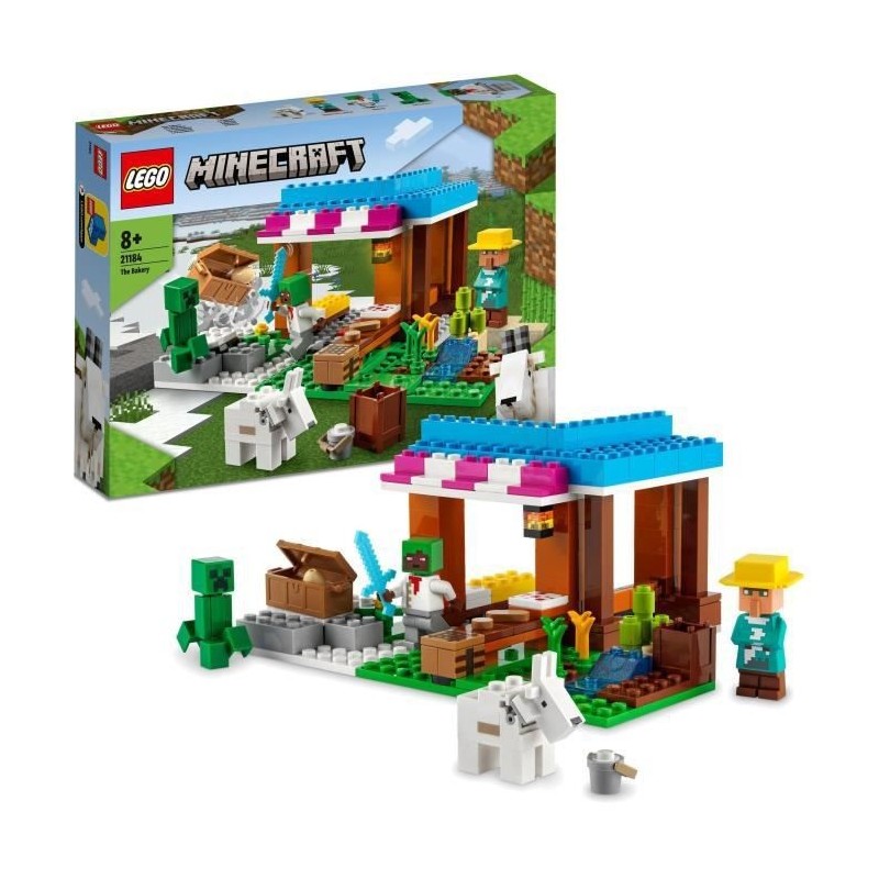 LEGO 21184 Minecraft La Boulangerie, Jouet de Village, Figurines de Creeper, Épée et Animal, Cadeau Anniversaire des 8 ans