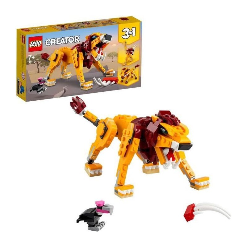 LEGO Creator 3-en-1 31112 Le Lion Sauvage, Figurines d'Animaux, Jouet de Construction