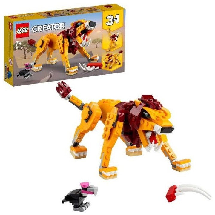 LEGO Creator 3-en-1 31112 Le Lion Sauvage, Figurines d'Animaux, Jouet