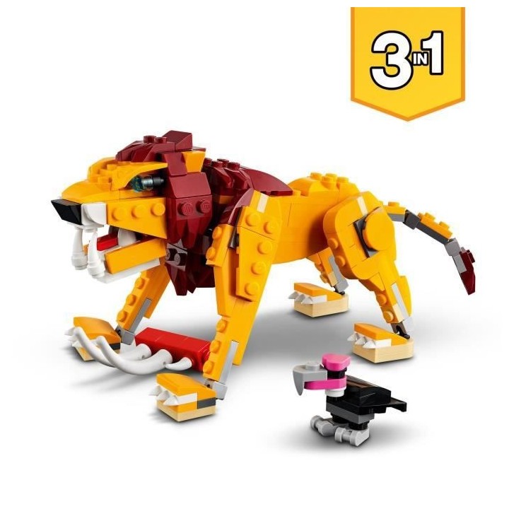 LEGO Creator 3-en-1 31112 Le Lion Sauvage, Figurines d'Animaux, Jouet