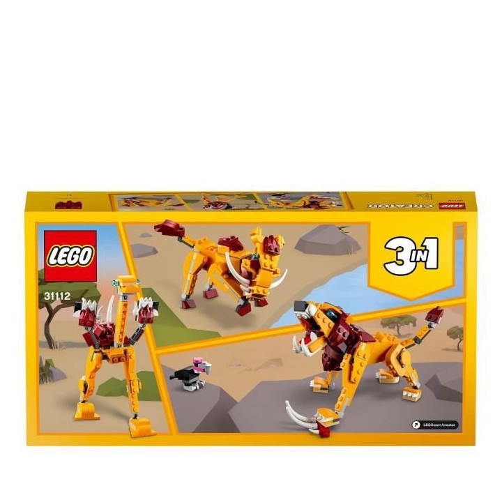 LEGO Creator 3-en-1 31112 Le Lion Sauvage, Figurines d'Animaux, Jouet