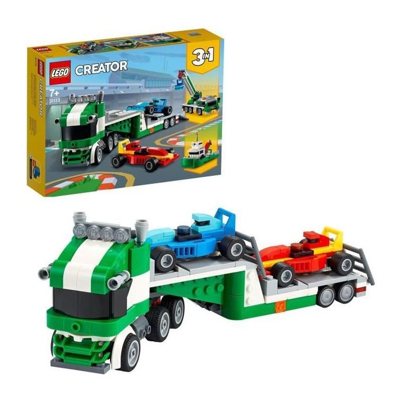 LEGO Creator 3-en-1 31113 Le Transporteur de Voitures de Course, Jouet, Camion avec Remorque