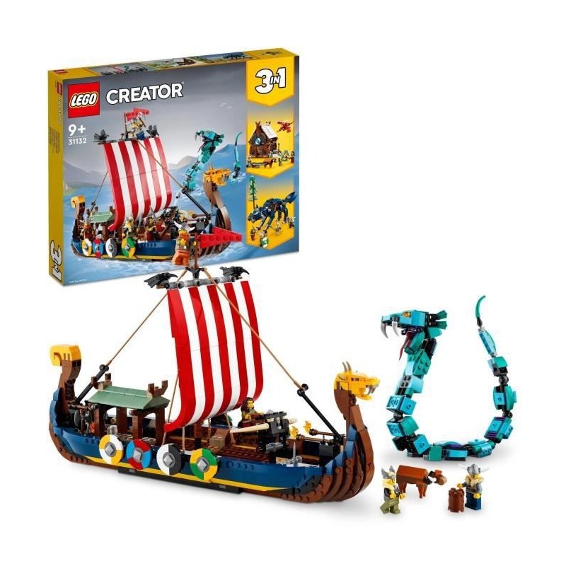 LEGO 31132 Creator 3-en-1 Le Bateau Viking et le Serpent de Midgard, Jouet Transformable en Maison avec un Dragon ou un Loup,