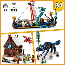 LEGO 31132 Creator 3-en-1 Le Bateau Viking et le Serpent de Midgard, Jouet Transformable en Maison avec un Dragon ou un Loup,