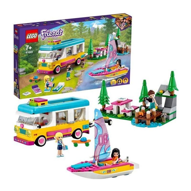 LEGO 41681 Friends Le camping-car et le voilier de la foret – Jeu d'aventure avec Jouet Bateau et Figurine Raton-Laveur