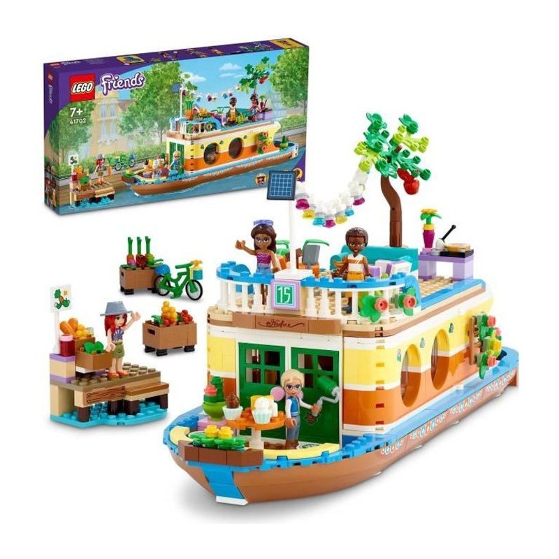 LEGO 41702 Friends La Péniche, Jouet Bateau pour Enfants des 7 ans avec Jardin, 4 Mini-Poupées, Figurines Animaux, Set Nature