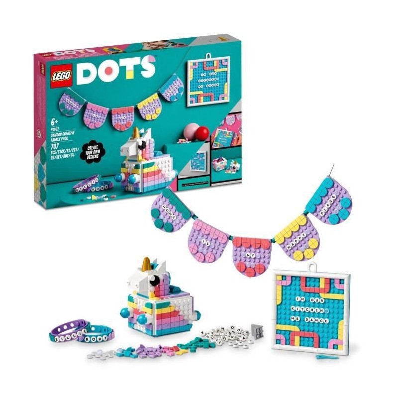 LEGO 41962 DOTS Le Kit Créatif Familial Licorne, Activité Manuelle 5-en-1, Tableau a Lettres, Vide-Poche, Cadeau