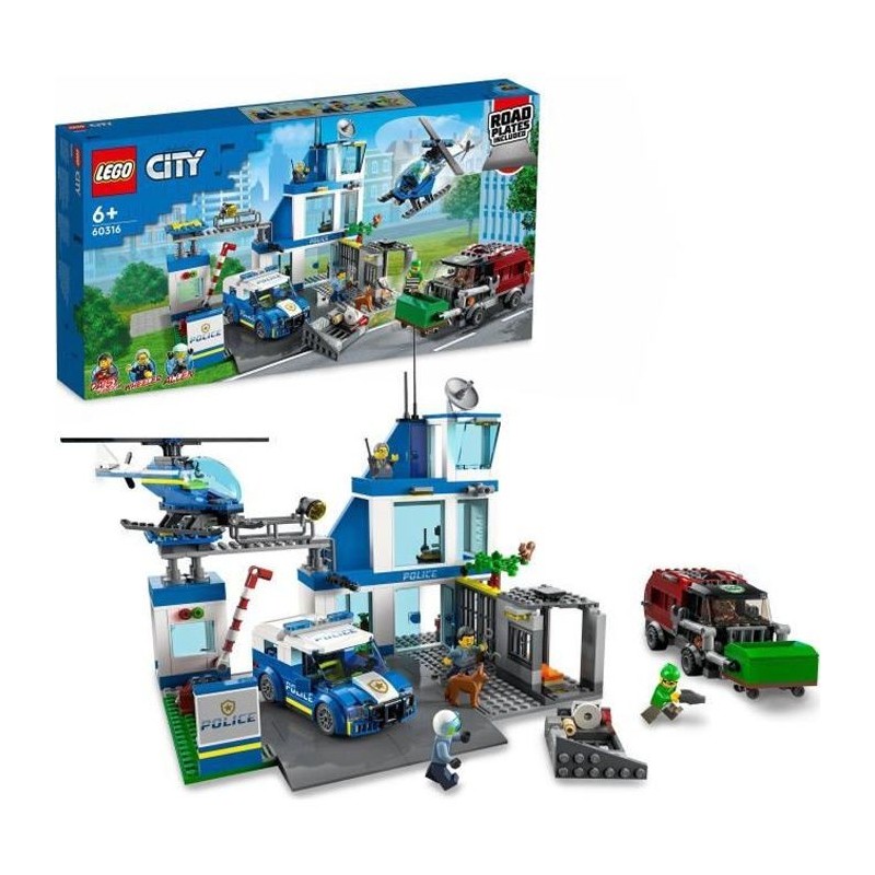 LEGO City 60316 Le Commissariat de Police, Jouet Hélicoptere, Voiture de Police, Chien Figurine, Camion Poubelle Jouet