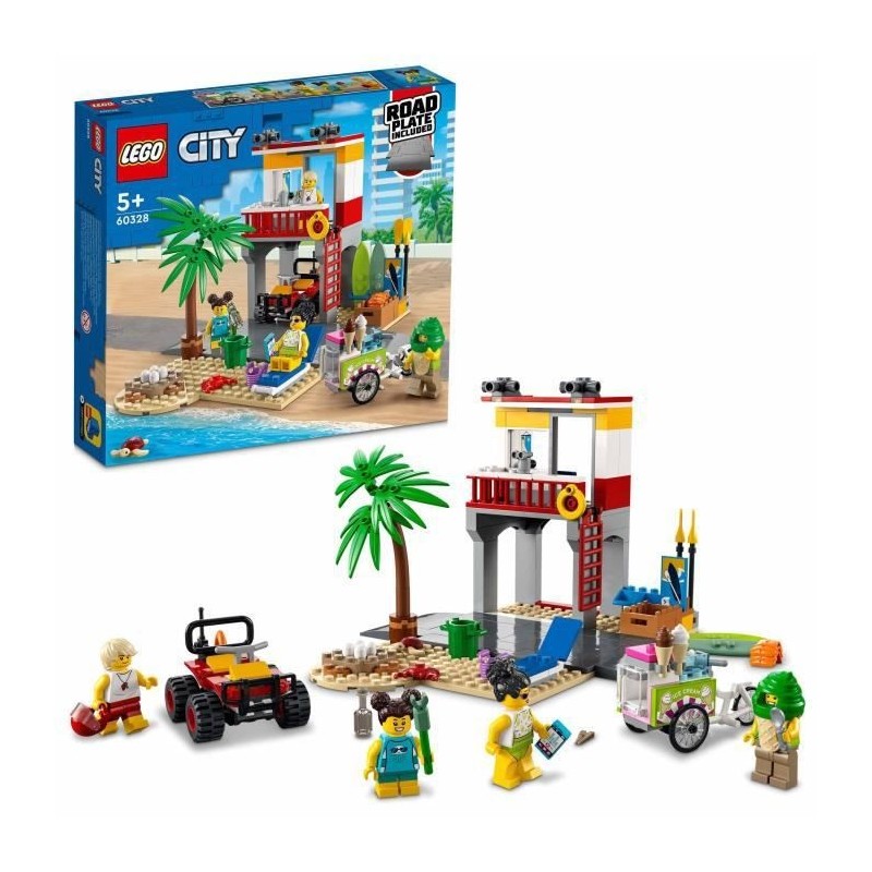 LEGO 60328 City Le Poste De Secours sur La Plage, Jouet de Construction, Quad et Plaque Route, Cadeau pour Enfants +5 Ans