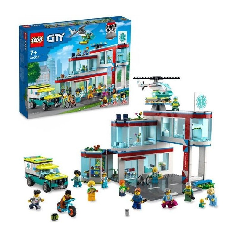 LEGO 60330 City L'Hôpital, Set de Construction, Jouet Camion d'Ambulance, Hélicoptere et 12 Minifigures pour Enfants +7 ans