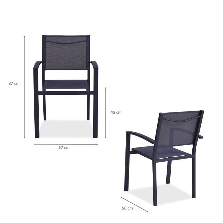Lot de 4 fauteuils de jardin en aluminium assise textilene - 57 x 56 x