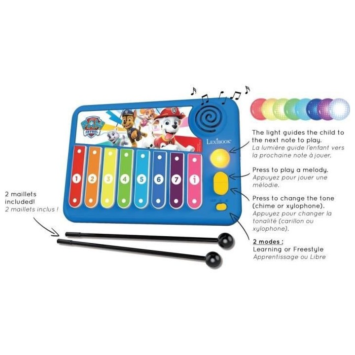 LEXIBOOK - XYLO-FUN Xylophone Pat' Patrouille - Apprentissage Lumineux