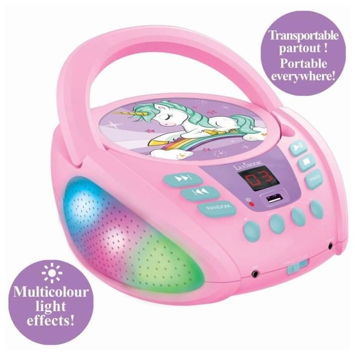 Lecteur CD Portable Bluetooth Licorne avec Effets Lumineux et USB