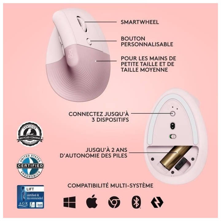 Souris Sans Fil Logitech Lift Ergonomique Verticale, Bluetooth ou réc