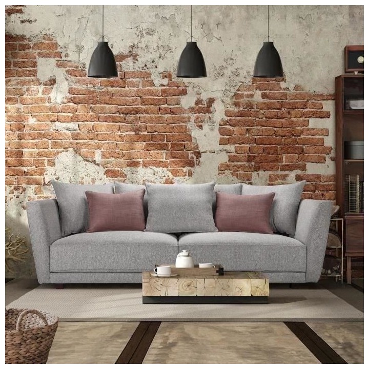 Canapé 4 places LINCOLN -Tissu Gris clair -7 coussins - L 244 x P 106