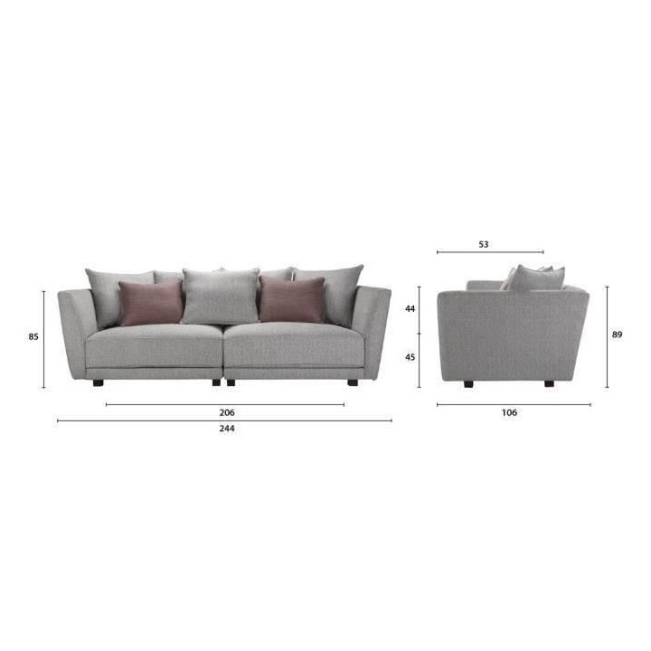 Canapé 4 places LINCOLN -Tissu Gris clair -7 coussins - L 244 x P 106