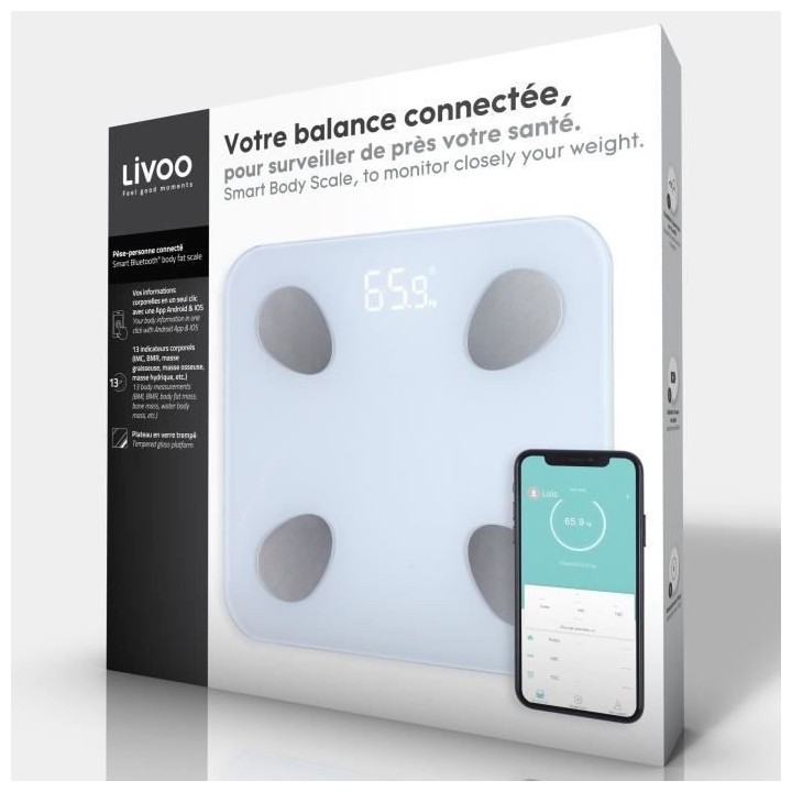 LIVOO DOM428 - Pese-personne connecté - 13 indicateurs - Plateau en v