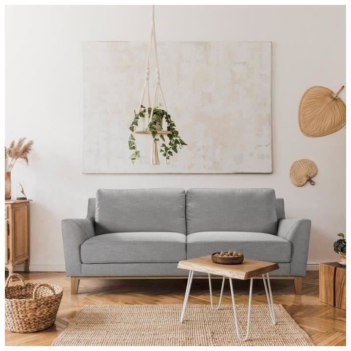 Canapé fixe 3 places LIVERPOOL -Tissu Gris clair - L 208 x P 90 x H 8