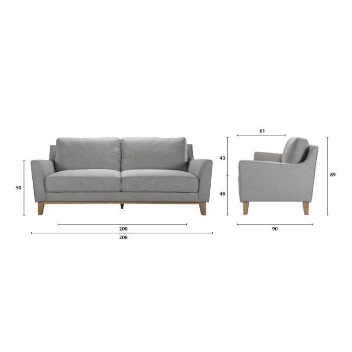 Canapé fixe 3 places LIVERPOOL -Tissu Gris clair - L 208 x P 90 x H 8