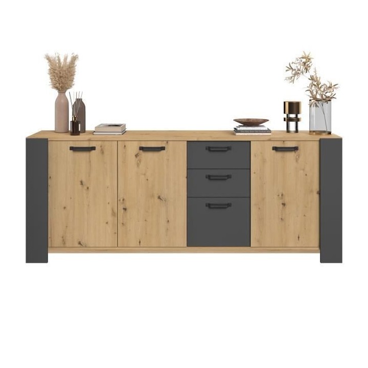 Buffet LOFT - Décor chene artisan et mélamine gris ombre - 3 portes